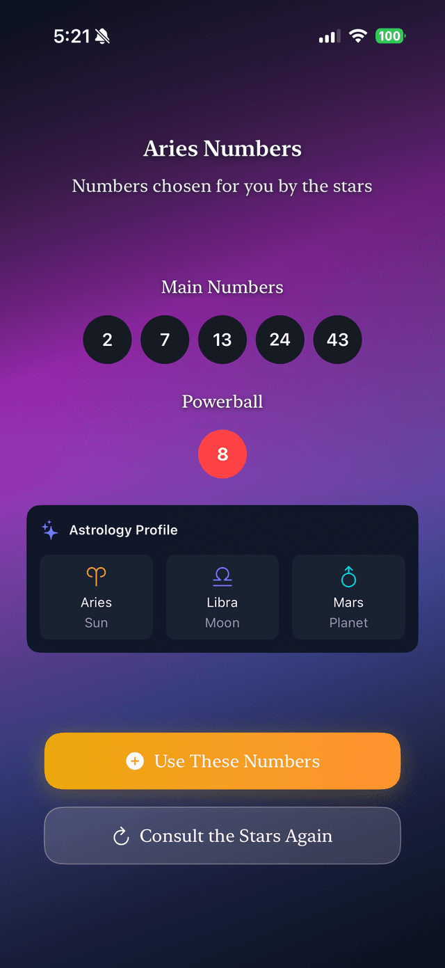 Jackpath app showing Aries Numbers with personalized lottery numbers